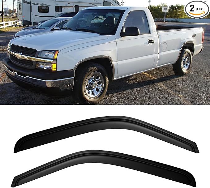 Window Rain Guards for 1999-2007 Sierra/Silverado 1500/2500/3500, Window Vent Wind Visors Shade Deflector 2000 2001 2002 2003 2004 2005 2006 Dark Smoke Sun/Rain Guard, Tape-On, 2PCS