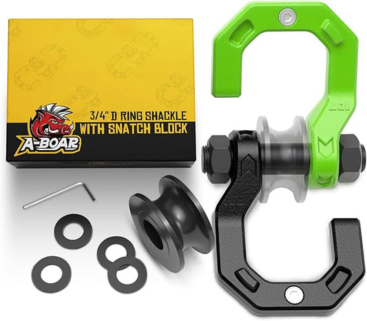 Separate D-Ring Shackle with Pulley Block, Towing Winch Snatch Block & 3/4" Separate D-Ring Shackle 2in1 Set, 57320lbs(26T) Breaking Strength, for Recovery, Blackgreen