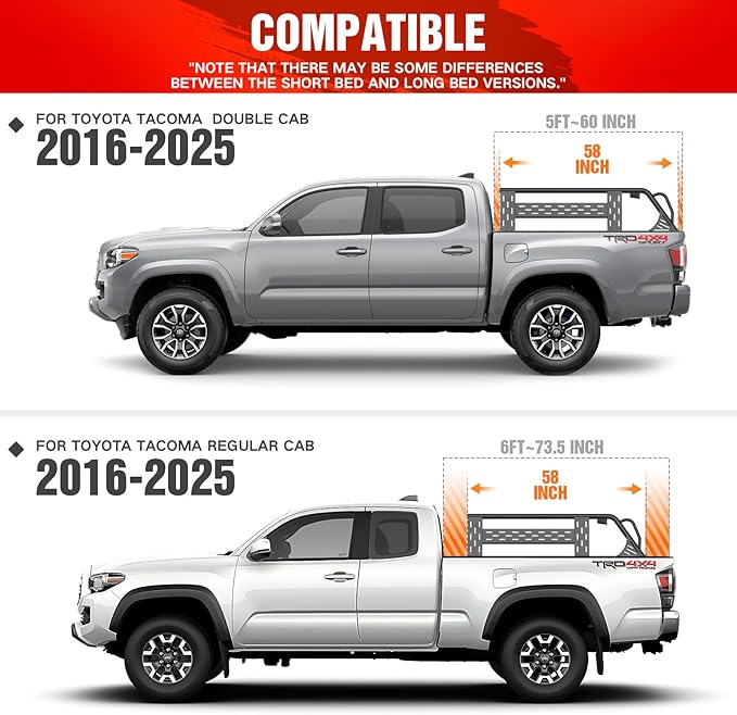 13.3" High Overland Bed Racks Truck Cargo Carrier with 2 LED Lights Compatible with 2016-2025 Toyota Tacoma with Bed Rails, 1000 LBS Truck Rear Ladder Rack Back Cross Bars