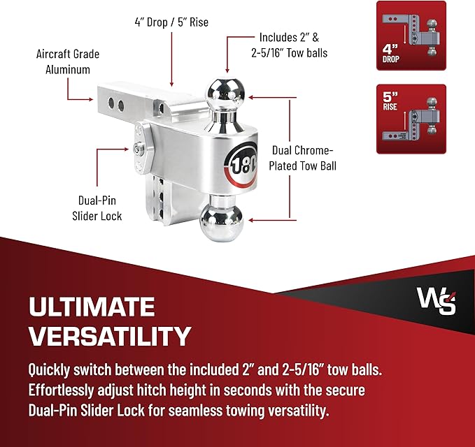 Weigh Safe Adjustable Trailer Hitch Ball Mount, 4" Adjustable Drop Hitch for 2" Receiver w/ 4 pc Keyed Alike Lock Set, Heavy Duty Aluminum Trailer Tow Hitch w/Chrome Plated Tow Balls, 12,500 lbs GTW