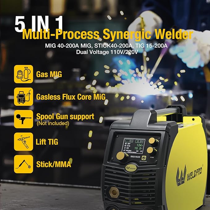 Weldpro 200A MIG Welder, 110V/220V Flux Core MIG Welder/MMA/TIG/Stick 5 in 1 Welding Machine with Spot Timer, IGBT Inverter Portable Gasless Welder Equipment, Aluminum Spool Gun Compatible