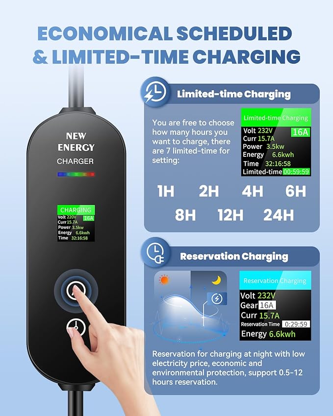 Level 1&2 EV Charger, 16A Electric Car Charger | Adjustable Current | Reservation Charging | NEMA 6-20 Plug & 5-15 Adapter | 100V-250V | Dual Temp Control | Safe, Fast Charging for J1772 Vehicles