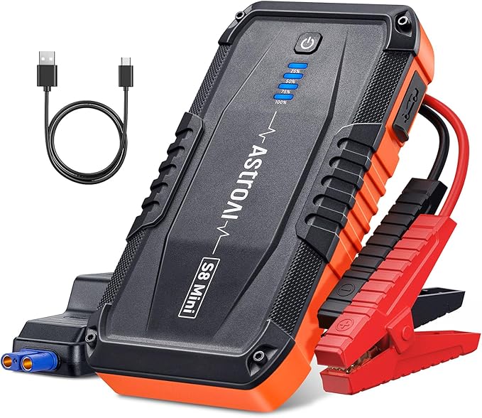AstroAI S8 Mini Car Battery Jump Starter, 12V Portable Car Starter for Up to 6.0L Gas/3.0L Diesel Engine, Auto Battery Booster Pack, Lithium Jump Box with Jumper Cables & LED Light (Orange)