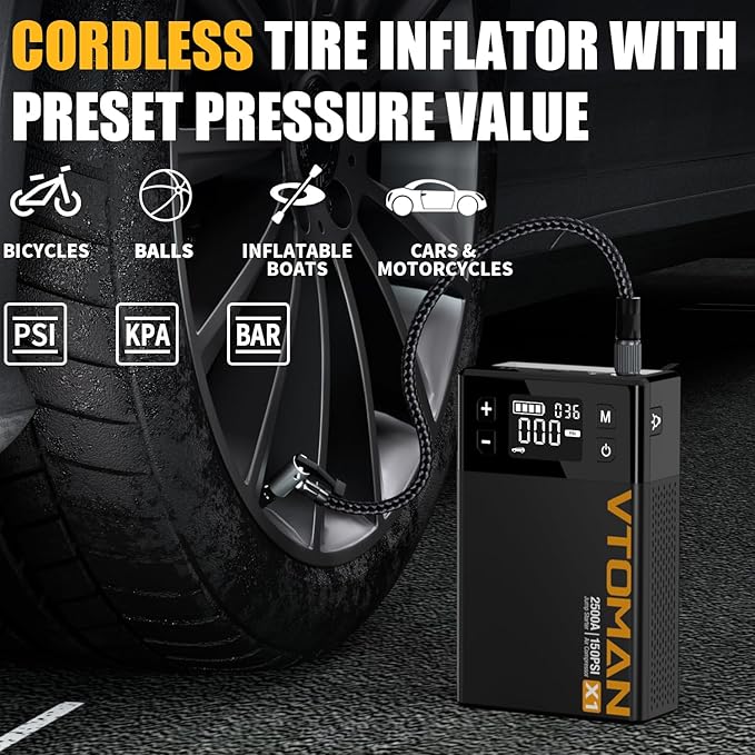 VTOMAN X1 Jump Starter with Air Compressor, Car Battery Jumper Starter (Up to 8.5L Gas/6L Diesel Engine) with 150PSI Auto Tire Inflator, 12V Portable Booster Pack, Lithium Jump Box Charger-Black