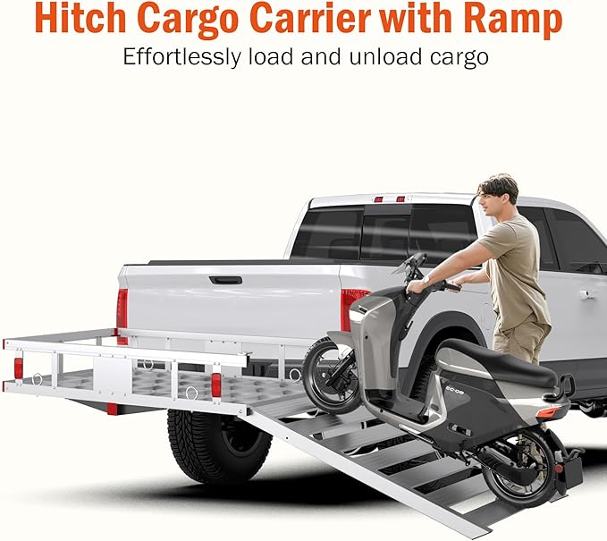 Aluminum Hitch Cargo Carrier with Ramp, 50" x 29.5" x 8.7" Trailer Hitch Cargo Carrier Hitchs Mount Cargos Hitchs Carriers, 500lbs Capacity, Fit 2" Receiver for Suvs Trucks Vans Pickups Camping