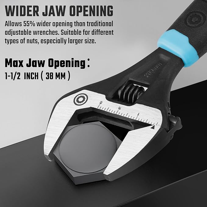 DURATECH 8-Inch Adjustable Wrench, Wide Jaw Opening Plumbing Wrench, CR-V Steel, SAE and Metric Scale Marked, Ergonomic Grip
