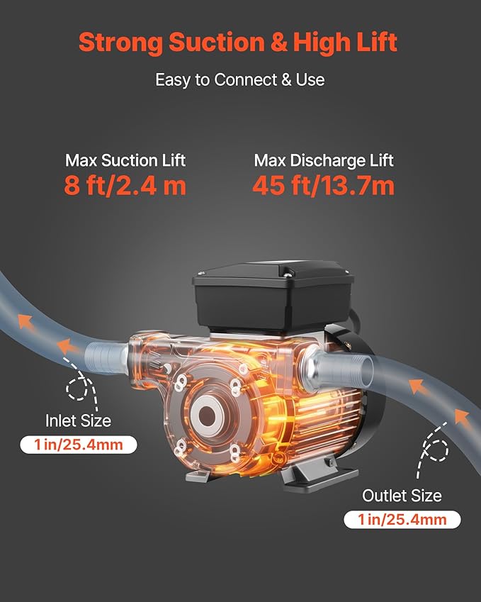 VEVOR Oil Transfer Pump 110V, 16 GPM 60 L/min, AC Electric Fuel Transfer Pump for Diesel Kerosene Biodiesel, 8 ft/2.4 m Max Suction Lift, 45 ft/13.7 m Max Lift, for Vehicles, Construction Sites, Farms