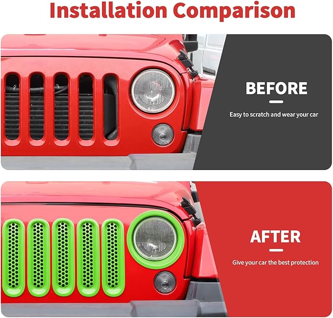 Mesh Grille Grill Insert+Headlight Turn Light Cover Trim Fit for 2007-2018 Jeep Wrangler JK JKU(Green)