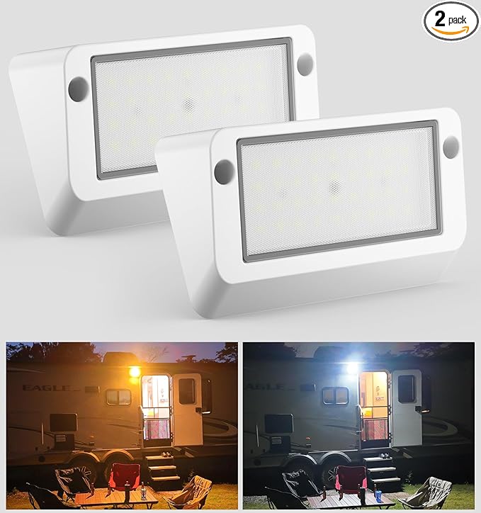 12V LED Exterior RV Porch Light with 1400 Lumen Dual Color Floodlight for Campers and Travel Trailer Outside Use IP67 Weatherproof Aluminum Fixture