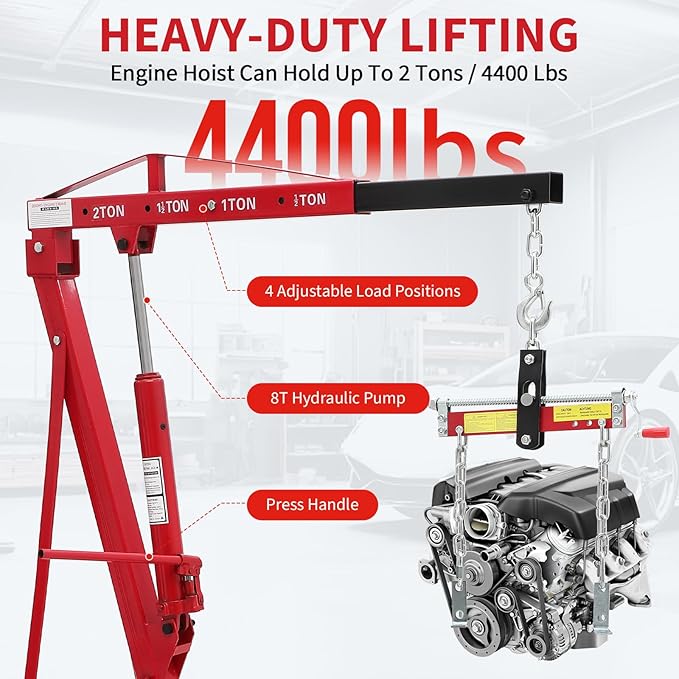 2 Ton Folding Hydraulic Engine Hoist with Load Leveler 4400 LBS Capacity Heavy Duty Cherry Picker 6 Swivel Wheels&Hydraulic Pump Adjustable Boom (0.5T-2T) for Garage Workshop Warehouse Red