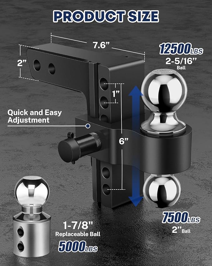 Kohree Adjustable Trailer Hitch with 3 Replaceable Balls for 2" & 2.5" Receiver, 6" Drop/Rise, 12,500 lbs GTW Heavy Duty Aluminum Hitch Kit with Lock, Fits Trucks, SUVs, RVs, Class III & IV Vehicles