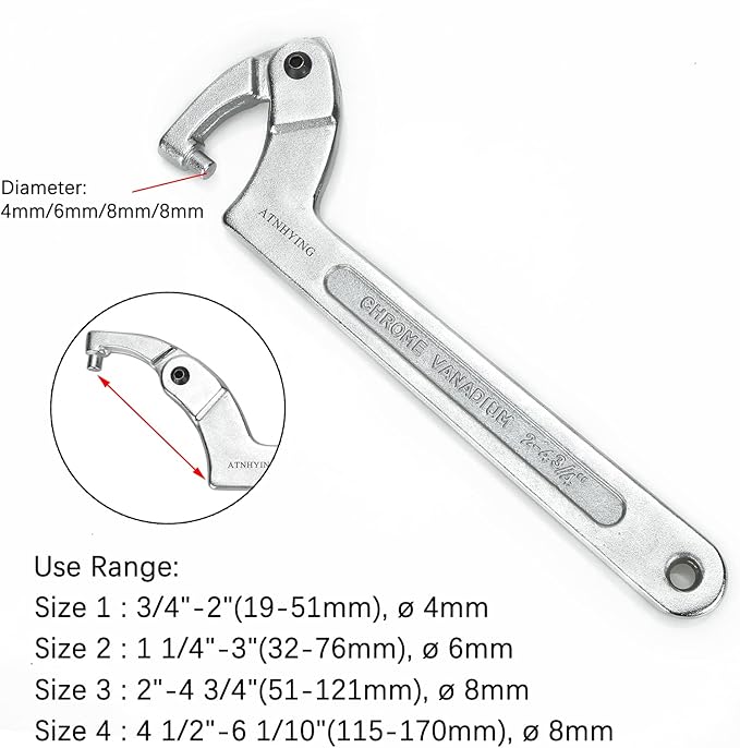 4 pcs Spanner Wrench Set, Adjustable C Pin Spanner Hook Wrench Tool for Machine Tools, Vehicles, Mechanical Equipments,Round Head (4pcs Round Head)