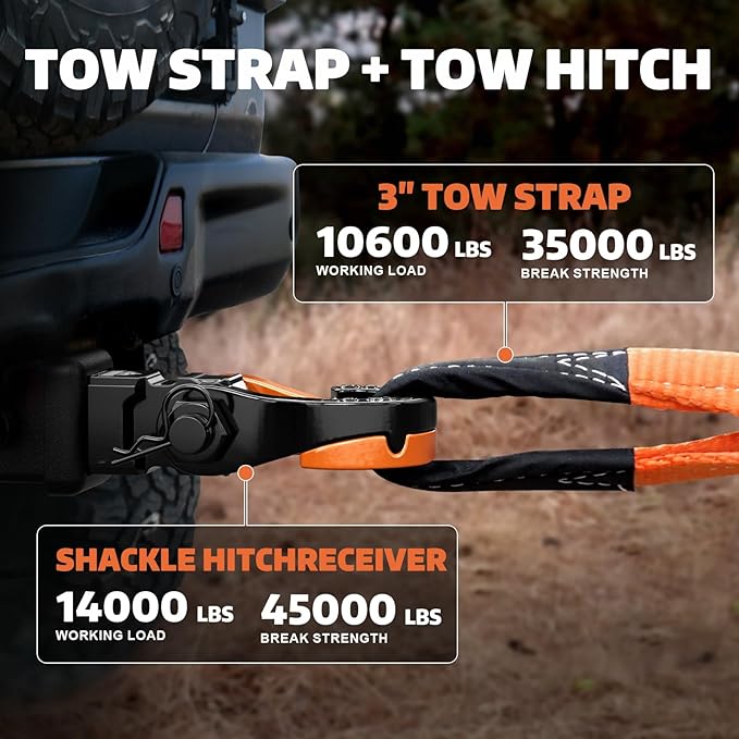 AUTOBOTS Tow Strap Heavy Duty 3" x 20 ft (35,000 lbs) with Shackle Hooks Winch Recovery Rope Towing Strap Offroad Recovery Kit for Jeep Truck Vehicle