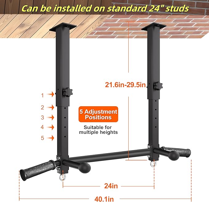 Upgraded-24" Ceiling Mount Pull Up Bar for Garage/Basement/Rafter - Heavy Duty 800LBS Adjustable Height Multi-Grip Chin Up Bar,Ceiling Joist/Beam