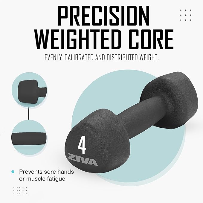 ZIVA Neoprene Tribell Dumbbell Pairs - Set of 2 Hand Weights, Non-Slip Durable Rubber Finish, No-Roll Design for Rigorous Exercise and Strength Training (Avail in 2-20 lb Pairs)