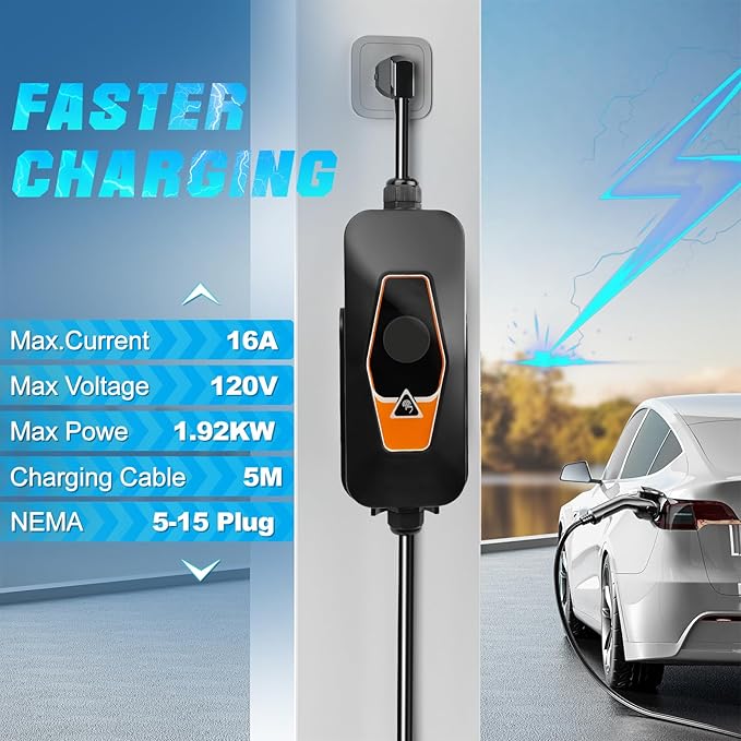 Portable EV Charger Level 1, 16Amp 120V, Vehicle Charger with 16.5FT Cable, NEMA 5-15 Plug, Compatible with SAE J1772 EVs, Scheduled Charging, Adjustable Current