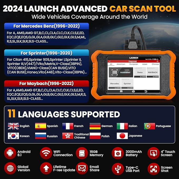 2025 LAUNCH Creader Elite V2.0 fit for Mercedes-Benz MB Sprinter Maybach Bi-Directional Scan Tool, OBD2 Scanner, Full System Diagnostic, All Reset Service, ECU Code, Auto Vin, Lifetime Free Update