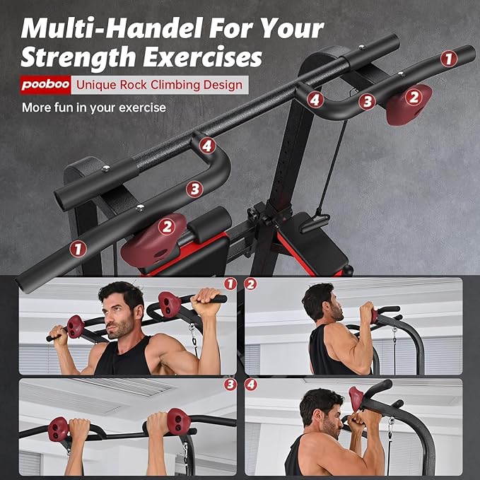 Power Tower Dip Station Pull Up Bar for Fitness Home Gym Workout,Multi-Function Adjustable Height Fitness Strength Training Exercise Equipment,with Power Elastic Ropes (Red Black)