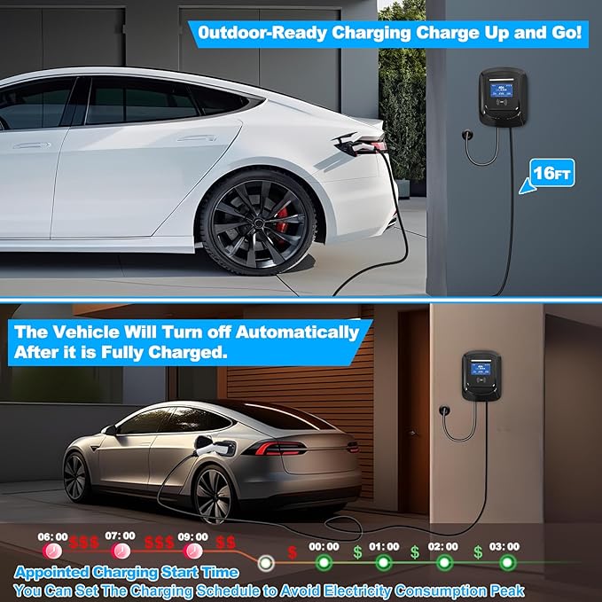 Level 2 EV Charger Stations 40 Amp -J1772 Chargers 9.5KW, Hardwired for 240V Electric Vehicle Charging (Plug-Charge/WiFi APP), Wall EV Chargers for Home, Electric Car Charger 16FT Cord