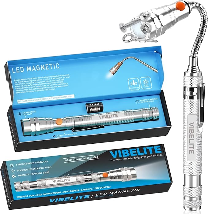 VIBELITE Extendable Magnetic Flashlight with Telescoping Magnet Pickup Tool-Cool Gadget Christmas Gifts Stocking Stuffers for Men, Teen Boys, Husband, Dad, Father, Mechanic, Him, Women, Silver