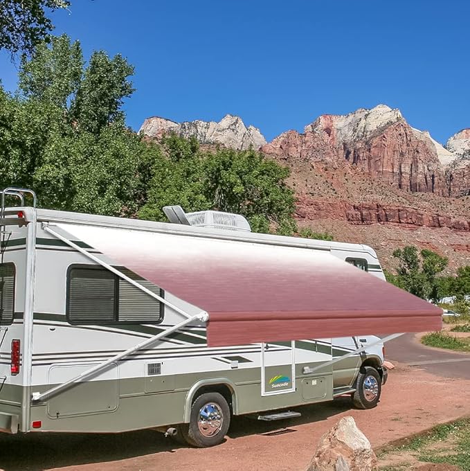 Suncode Manual RV Awning White Modular Retractable Awning Complete Kit for RV,5th Wheel,Travel Trailers,Toy Haulers,Motorhome RV Trailer Awning for Home or Camper-13x8Ft-Burgundy Fade