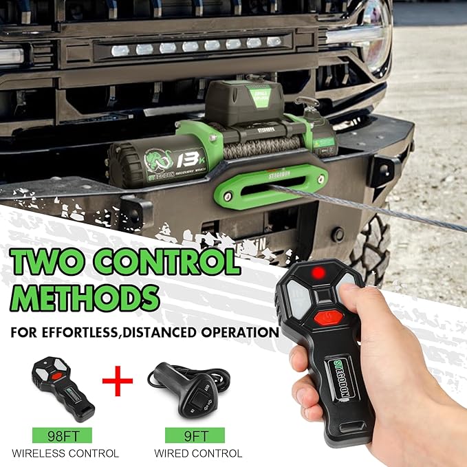 Winch 13000lb Electric Winch 12V Winch with Synthetic Rope Car Trailer Winch with Green Hawse Fairlead Wireless Remote and Wired Handle for Truck SUV Jeep