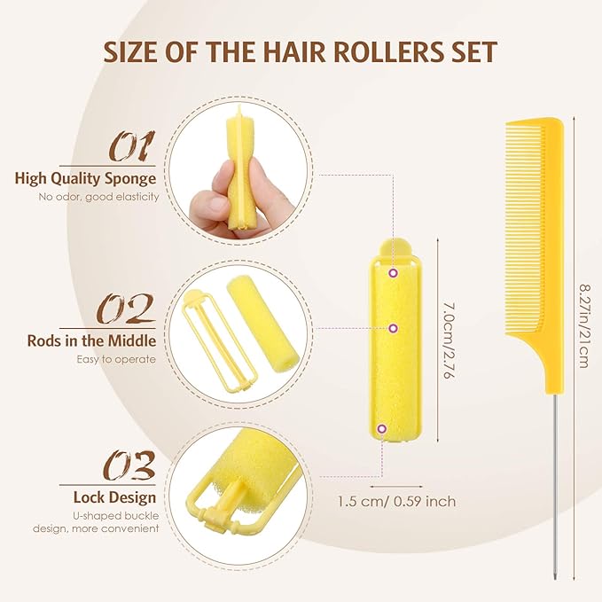 Syhood 43 Pcs Foam Sponge Hair Rollers Women 0.59 Inch Soft Sleeping Curlers Flexible Sponge Curler Tool and Rat Tail Comb for Hair Styling Hairdressing Overnight Curl and Volume(Yellow)