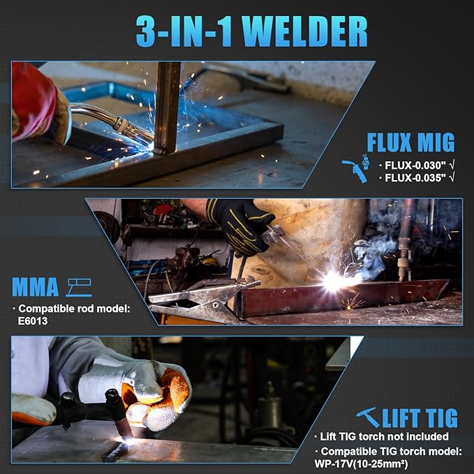 AZZUNO 135A MIG Welder Machine 110V, 3 in 1 Welder with Flux Core Gasless MIG/Lift TIG/Stick Welding Machine with Auto Darkening Welding Helmet, Portable Wire Feed Welder