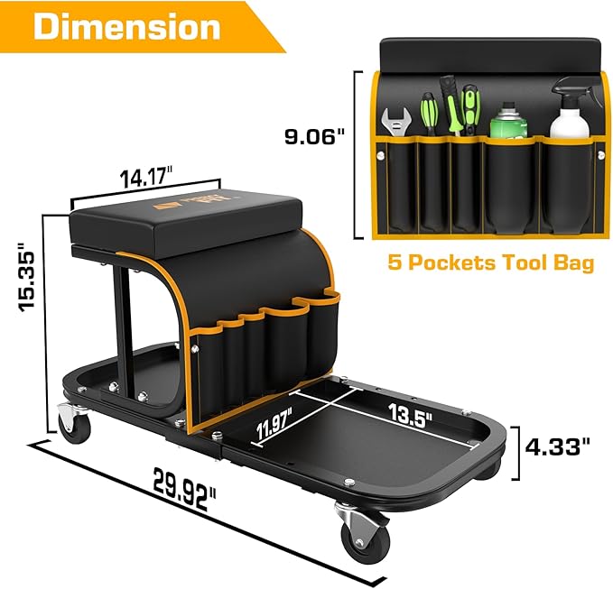 Rolling Shop Stool Chair with Wheels, Mechanic Garage Stool on Wheels, Auto Car Detailing Stools Seat with Tool Tray Storage for Garage Work, Workshop, Home, Garden, DIY, 300 LBS Capacity, Yellow