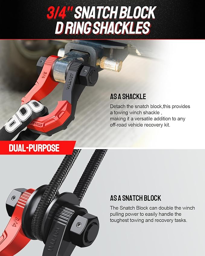 DAYDOOR D Ring Shackles with Snatch Block, 45,000Lbs Break Strength Towing Winch Shackle, 3/4" Heavy Duty Shackles with 7/8" Screw Pin for Off Road Vehicle Recovery (2 Pack,Red)