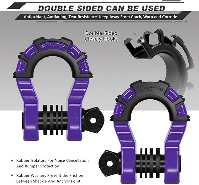 AUTMATCH D Ring Shackles 3/4" Mega Shackle (2 Pack) 68,000Ibs Break Strength - Heavy Duty Clevis Shackles with 7/8" Screw Pin and Isolator Washer for Tow Strap Winch Off Road Vehicle Recovery, Purple
