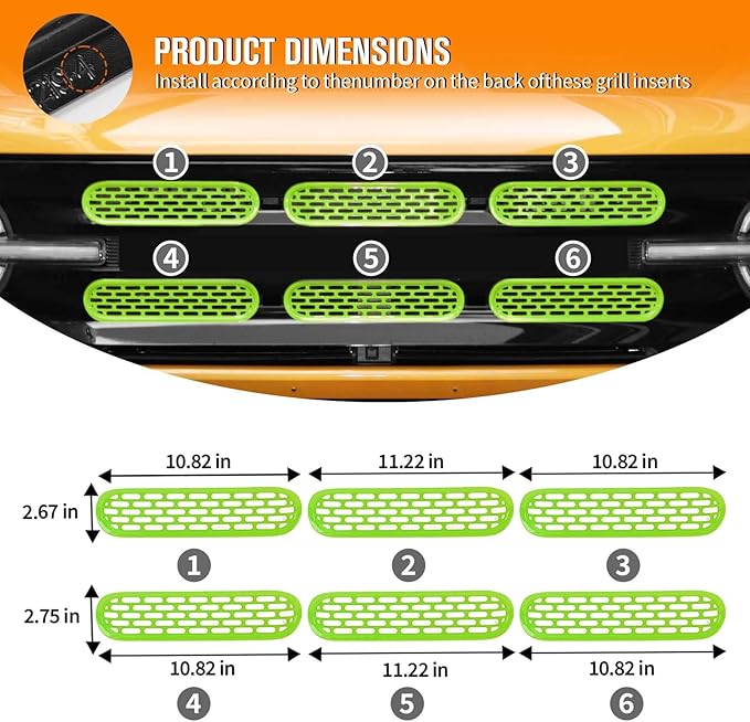 Jimen Compatible with Ford Bronco 2021-2023, 6PCS Front Grille Inserts Mesh Grill Cover Exterior Trim Accessories (Green)