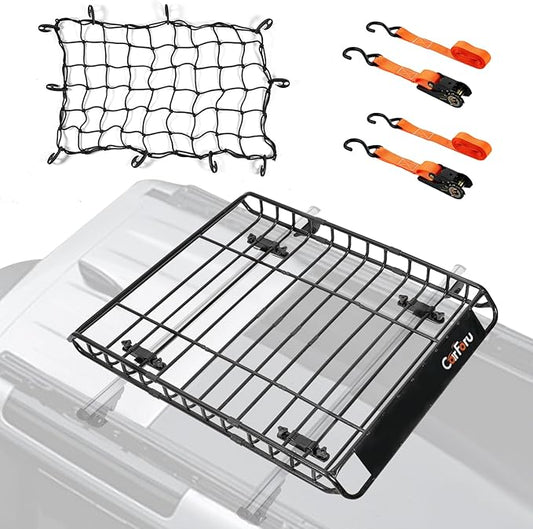 Roof Rack Basket 51″ X 36″ X 5″ Upgraded Universal Rooftop Cargo Basket, Heavy Duty 250LB Cargo Basket Car Roof Basket for SUV, Truck, Cargo Net with Attachment Hooks, 2pcs Ratchet Straps