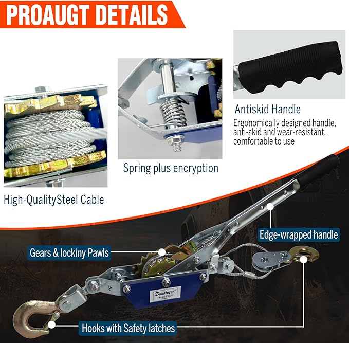 Come Along Winch - 4400 lbs/2T Pulling Capacity,12ft Steel Cable,2 Hooks,Dual Gear Power Puller,Automotive Hoist Cable Puller for Vehicle Rescue,Construction,Farm，Cable Winch Puller with Free Gloves