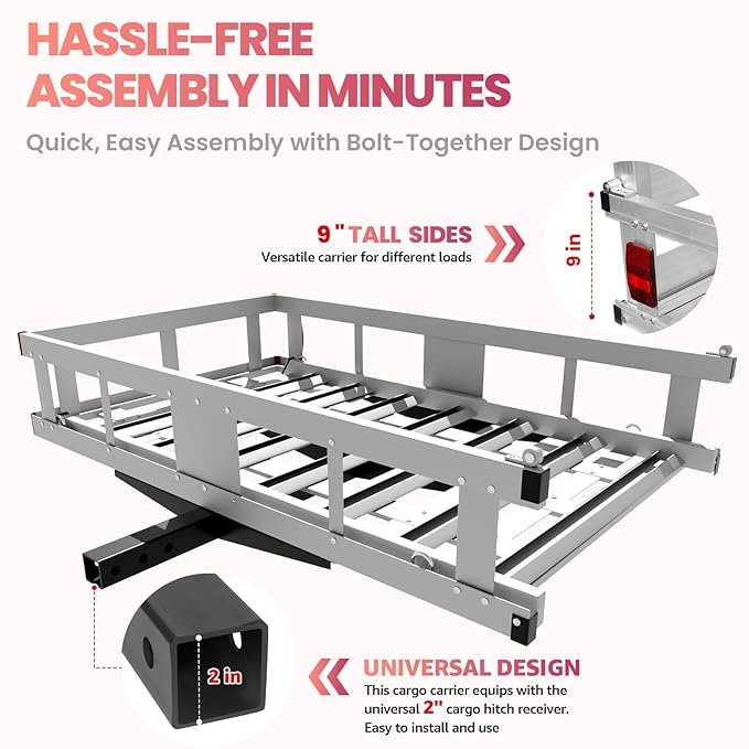 52 x 30 x 9 inch Aluminum Hitch Cargo Carrier, Trailer Cargo Carrier Mount with Adjustable Ramp, 2" Hitch Receiver, 1000lbs Capacity for Wheelchair SUV Truck Pickup Camping Cars