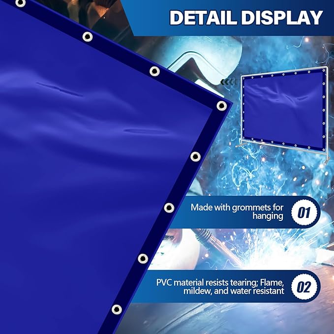 2 Pcs Welding Curtain Safety Blue Transparent Welding Screen with Fixed Belt for the Stand of 6 x 8ft Fireproof Resistant Insulation for Welding Arc Light UV and Blue Light Protection
