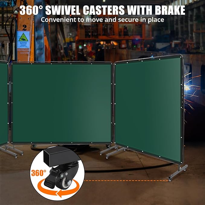 3 Panel 8x6 FT Vinyl Welding Screen with Frame, Flame-Resistant PVC Welding Curtain with Lockable Swivel Wheels, Transparent Welding Screen Panel for Welding Safety, Green