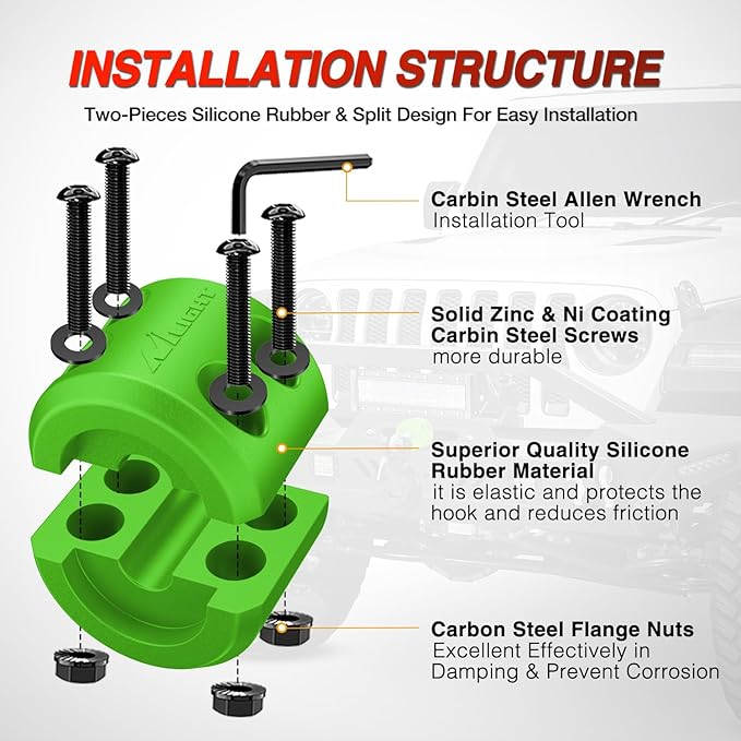 Nilight Winch Stopper for ATV UTV Truck SUV Winch Cable Hook Rubber Stopper Protect Towing Hook Synthetic Rope winch accessories Rope Line Saver with Stainless Steel Screws and Nuts Allen Wrenc, Green