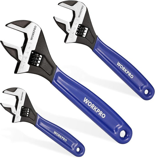 WORKPRO 3-piece Adjustable Wrench Set, 6-Inch & 8-Inch & 10-Inch Wrenches, Wide Jaw Black Oxide Wrench, Metric & SAE Scales, Cr-V Steel, for Home, Garage, Workshop