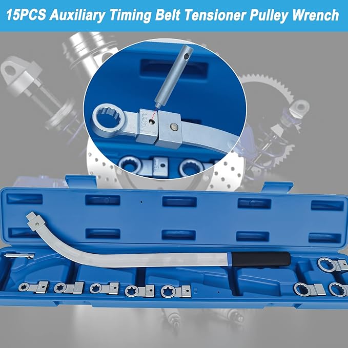 15PCS Auxiliary Timing Belt Tensioner Pulley Wrench Set 12-Point 12-19mm (0.47"-0.74") Torx E10 E12 E14 E16 E18, Universal Fit for Most Vehicle Types