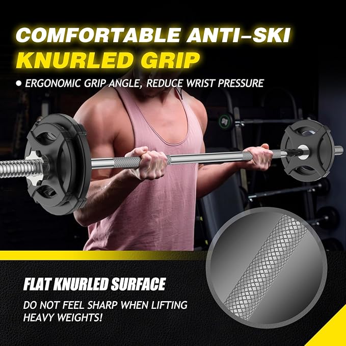 Weight Lifting Bar 57", 1" Standard Straight Barbell Bars Olympic for Home Gym Weight lifting/Strength Training/Squat/Bench Press/Deadlift/Lunges/Hip Thrusts, 2 Star Collars (480lb Weight Capacity)