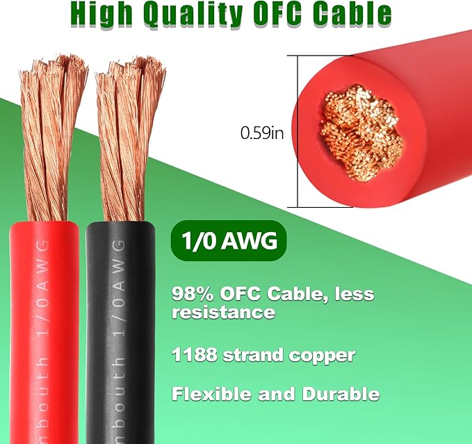 1/0 Gauge Battery Cable Copper Wire, 15FT Red+15FT Black 1/0 AWG Welding Cable Standard USA OFC Wire for Automotive, Battery, Solar, Marine and Generator