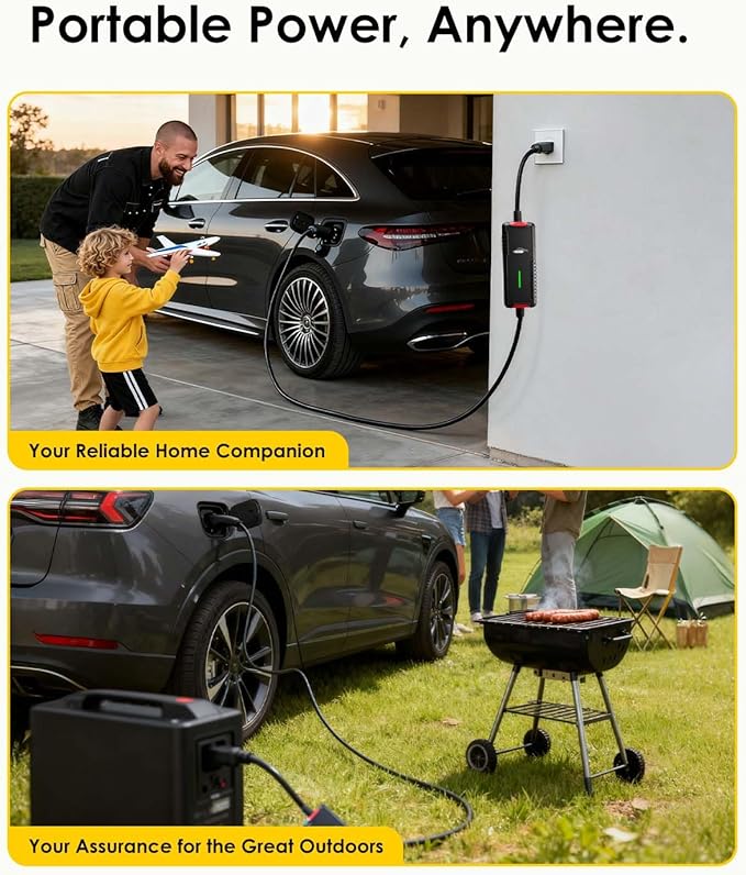 Portable Electric Vehicle Charger with 25FT Charging Cable, Compatible with Level 2 & 1 J1772 16A 120V 240V NEMA 6-20 Plug Indoor & Outdoor Car Charging Station