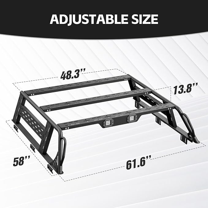 13.8" High Overland Bed Racks Truck Cargo Carrier Compatible with 2016-2025 Tacoma & 2020-2025 Gladiator JT with 2 LED Lights and Bed Rails, Full-Size Truck Rear Ladder Rack Back Cross Bars