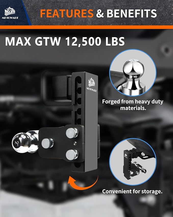METOWARE Adjustable Trailer Hitches Fits 2-Inch Receiver - Adjustable Ball Mount with 6-Inch Drop/Rise (12,500 LBS GTW) - Dual Ball (2'' x 2-5/16'') and Anti-Theft Stainless Steel Trailer Lock