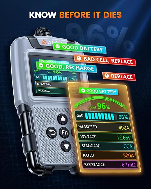 ANCEL BA101 Plus Car Battery Tester 6V 12V Load Tester,20-2000 CCA Digital Automotive Alternator Analyzer, Charging Cranking System Diagnostic Tool for Car, Truck, Motorcycle, SUV, Boat, RV, and More