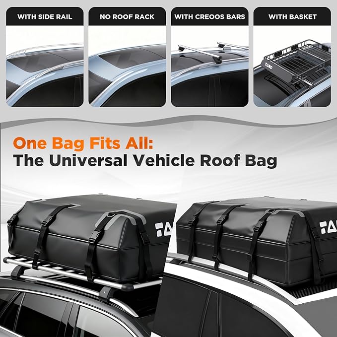 TANX Car Roof Bag - 21 Cubic Feet Rooftop Cargo Carrier, 100% Waterproof for All Cars with/Without Roof Rack, Includes Anti-Slip Mat, 12 Reinforced Straps, 6 Door Hooks, Luggage Lock & Storage Bag