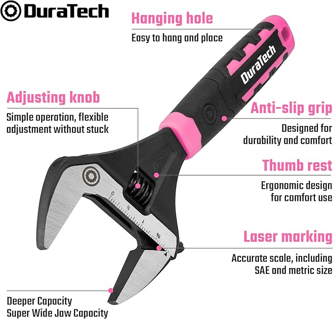 DURATECH 10-Inch Adjustable Wrench, Wide Jaw Opening Plumbing Wrench, CR-V Steel, SAE and Metric Scale Marked, Ergonomic Grip