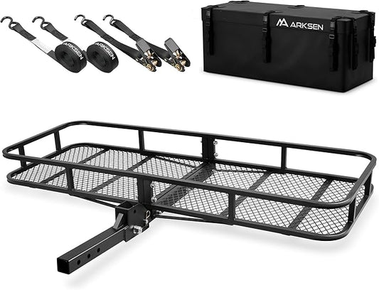 ARKSEN 60 x 23 x 5.5 Inch Folding Hitch Cargo Carrier with 500D PVC Waterproof Cargo Bag, 2 Ratchet Straps, 500 Lbs Capacity Heavy Duty 2 Inch Receiver Luggage Basket for SUV, Pickup Truck