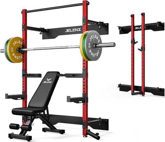 Folding Squat Rack, Wall Mounted Power Rack for Home Gym, Space Saving Multi-Functional Power Cage with Attachments